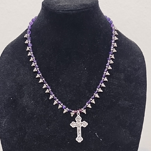 Elegant Purple and Silver Cross Necklace